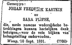 Announcement marriage Johan Frederik Kastein and Sara Flipse