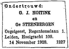 Announcement publication of the banns of Gerrit Jan Hoitink and Ge Steenbergen