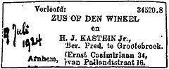 Announcement engagement H.J. Kastein and Zus Op den Winkel