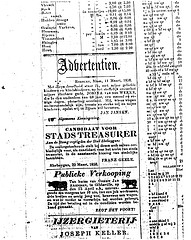 Ad for cattle sale by G.J. Arentsen in Gibbsville on 15 Apr 1858 (Nieuwsbode)