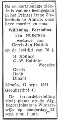 Obituary of Willemina Berendina van Nijkerken.